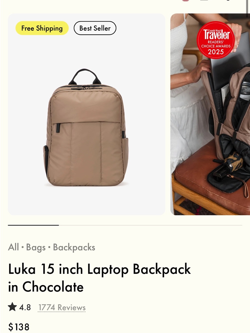 NEW Calpak Luka 15" Laptop Backpack - Chocolate